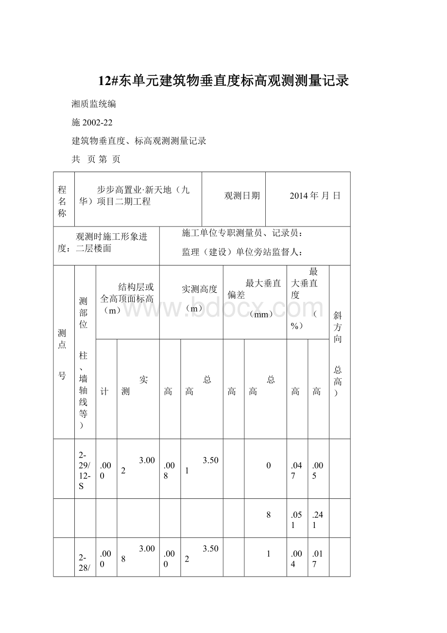 12#东单元建筑物垂直度标高观测测量记录Word文件下载.docx_第1页