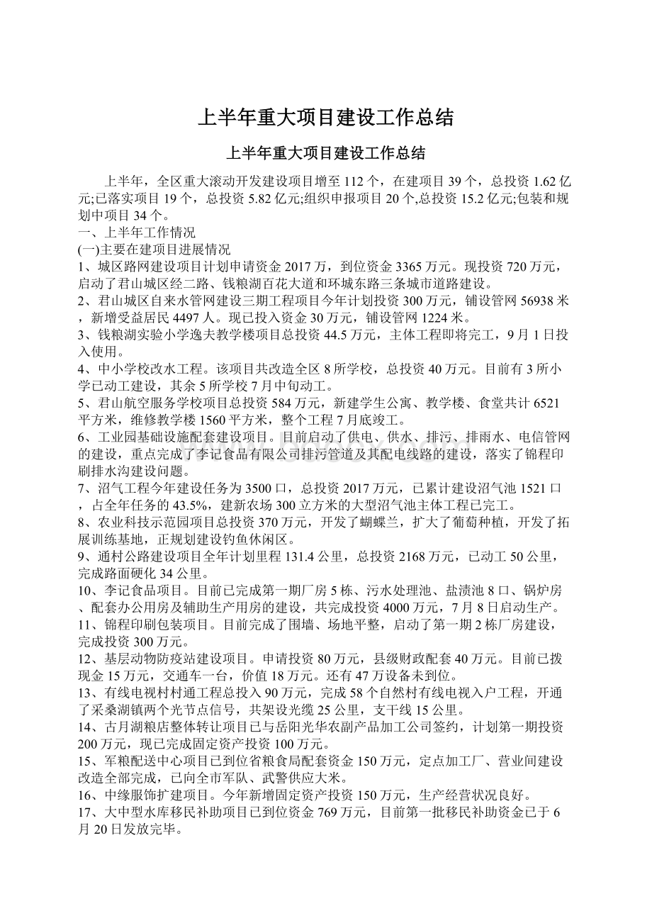 上半年重大项目建设工作总结.docx