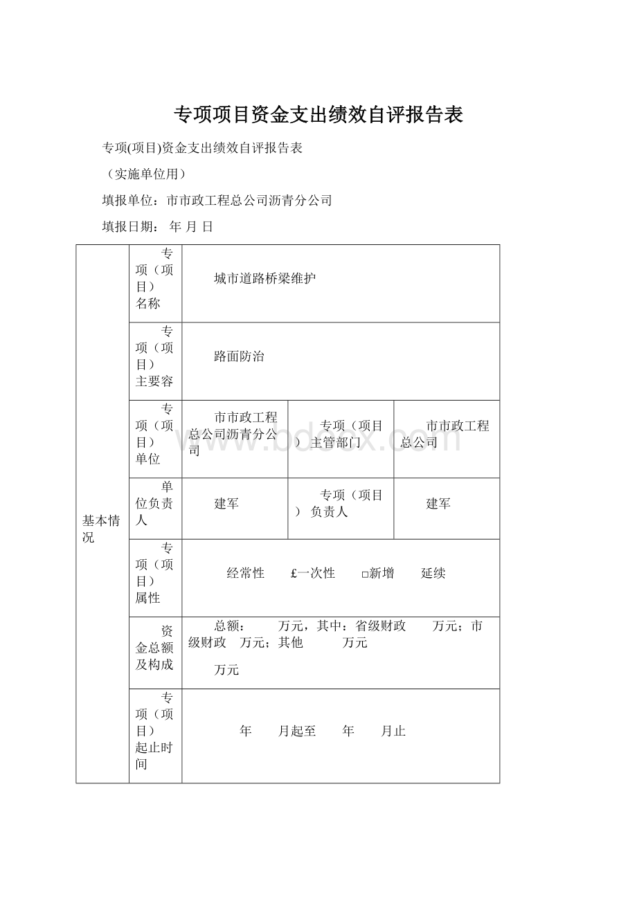 专项项目资金支出绩效自评报告表.docx_第1页