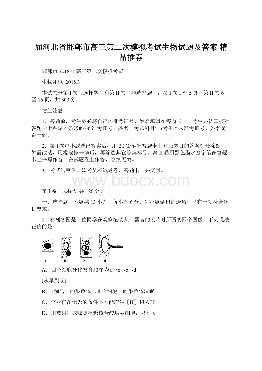 届河北省邯郸市高三第二次模拟考试生物试题及答案精品推荐Word文档格式.docx