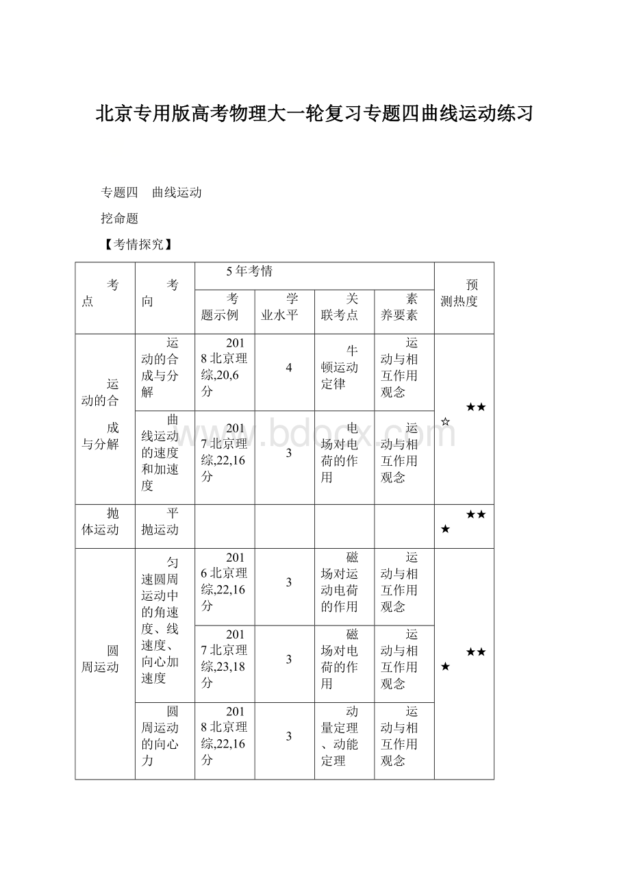 北京专用版高考物理大一轮复习专题四曲线运动练习Word文档格式.docx