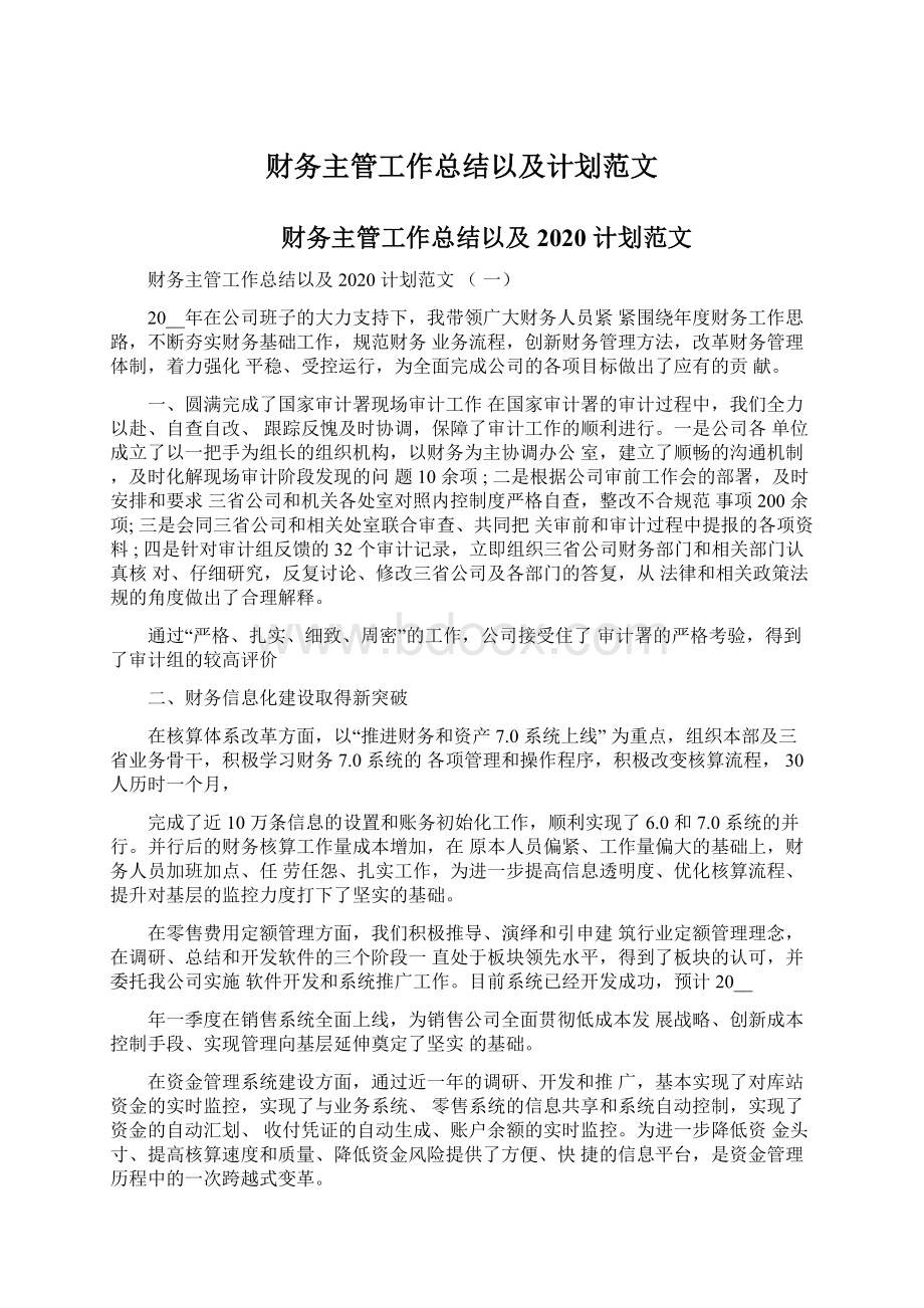 财务主管工作总结以及计划范文.docx_第1页