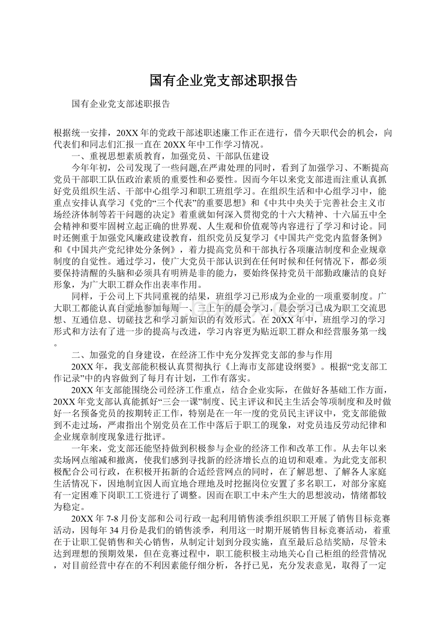 国有企业党支部述职报告Word文档下载推荐.docx