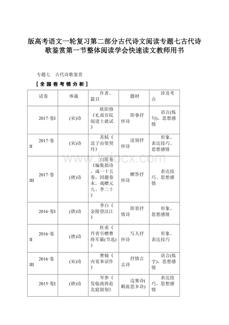 版高考语文一轮复习第二部分古代诗文阅读专题七古代诗歌鉴赏第一节整体阅读学会快速读文教师用书Word格式.docx