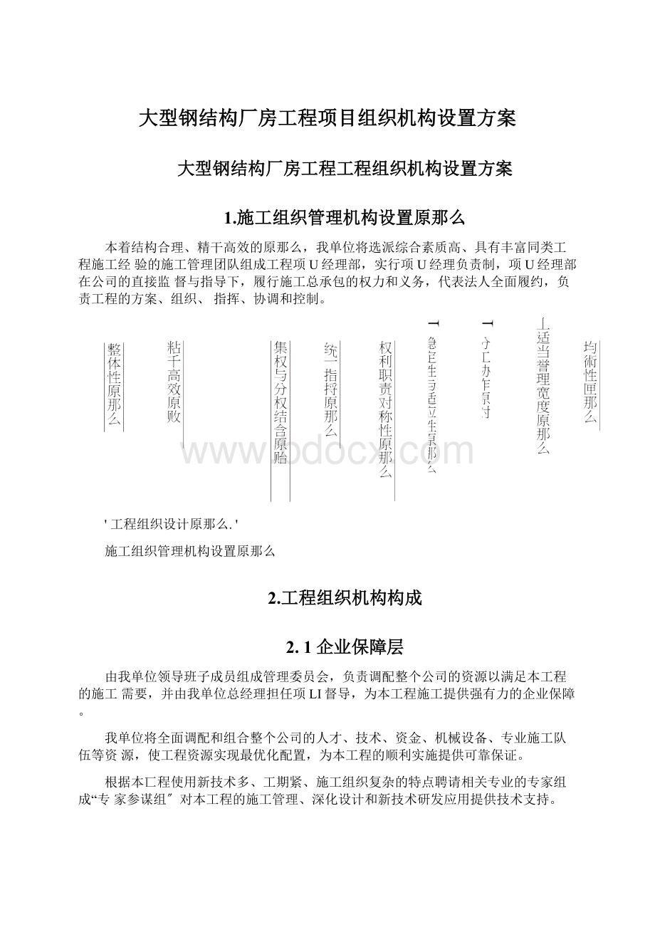 大型钢结构厂房工程项目组织机构设置方案文档格式.docx_第1页