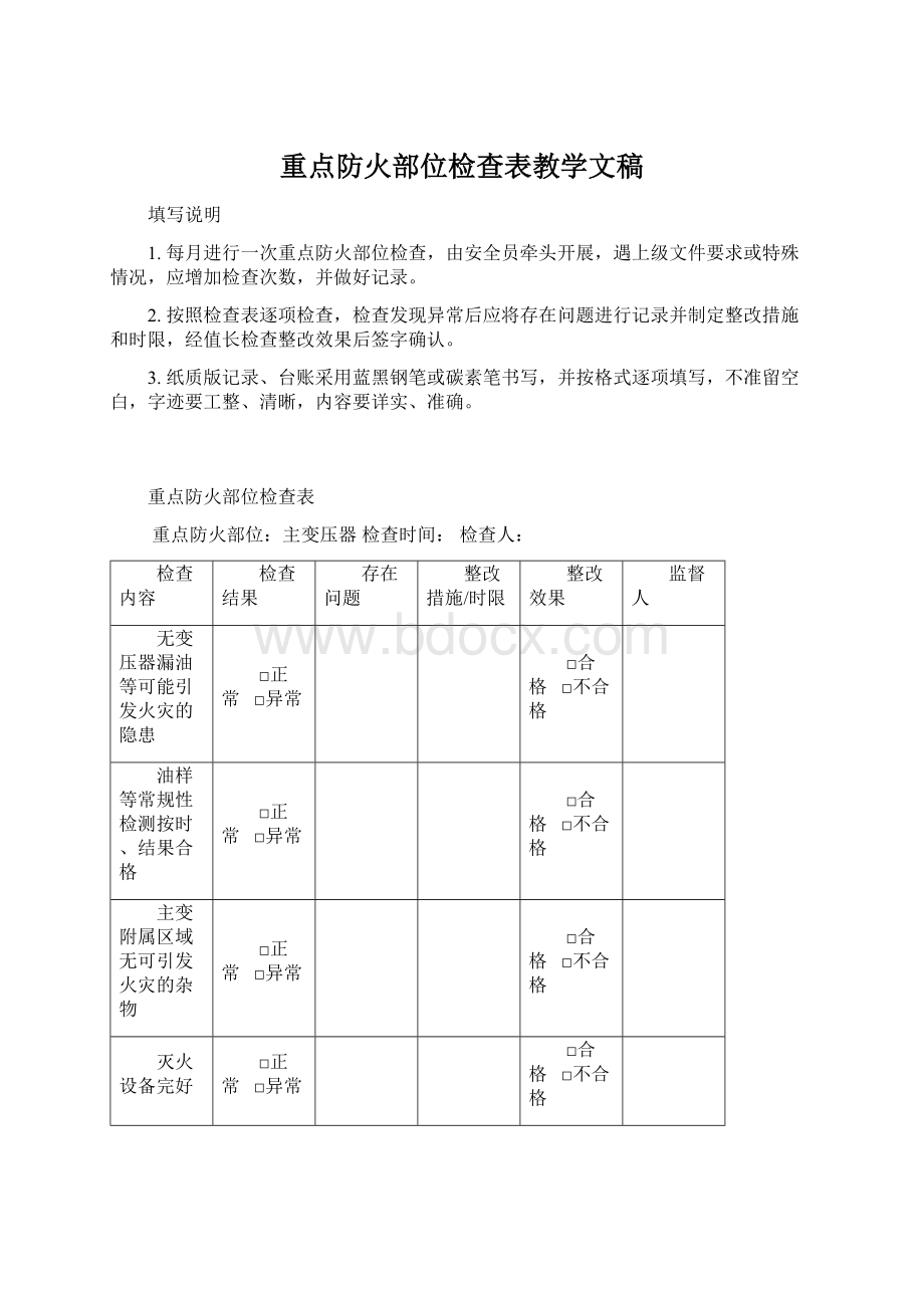 重点防火部位检查表教学文稿Word文件下载.docx