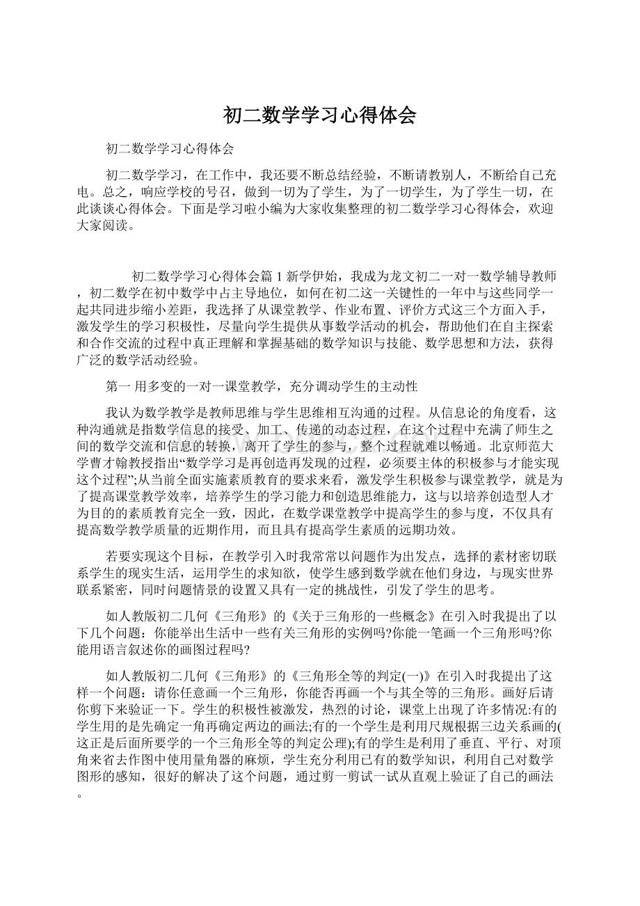 初二数学学习心得体会Word文件下载.docx_第1页