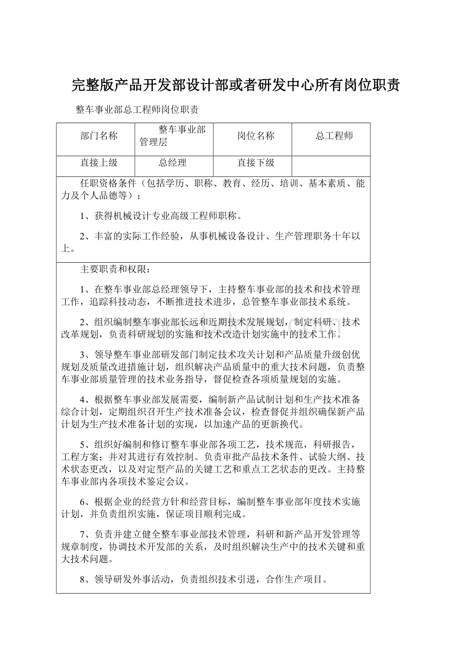 完整版产品开发部设计部或者研发中心所有岗位职责Word格式.docx