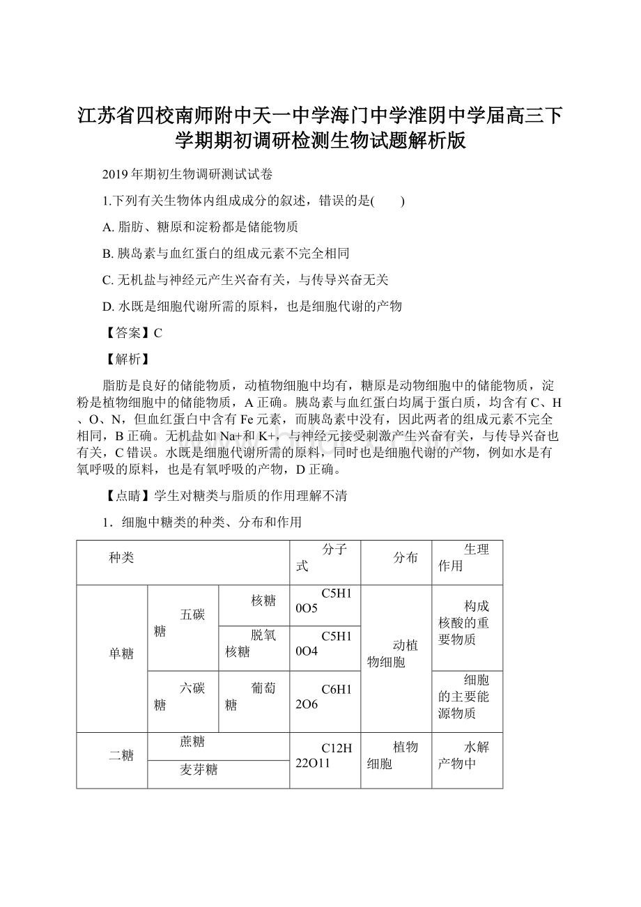 江苏省四校南师附中天一中学海门中学淮阴中学届高三下学期期初调研检测生物试题解析版.docx