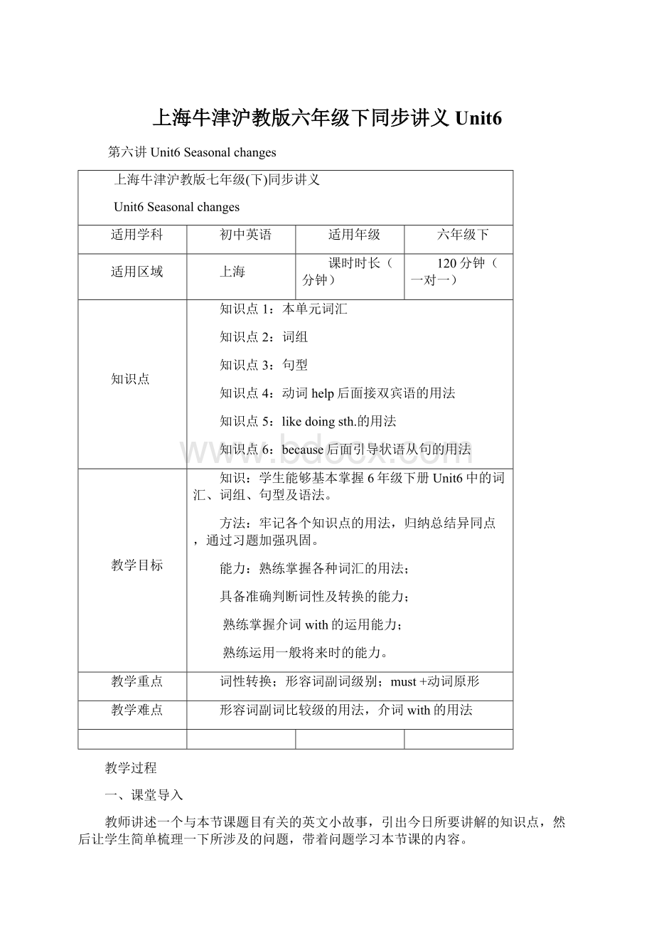 上海牛津沪教版六年级下同步讲义Unit6Word文件下载.docx