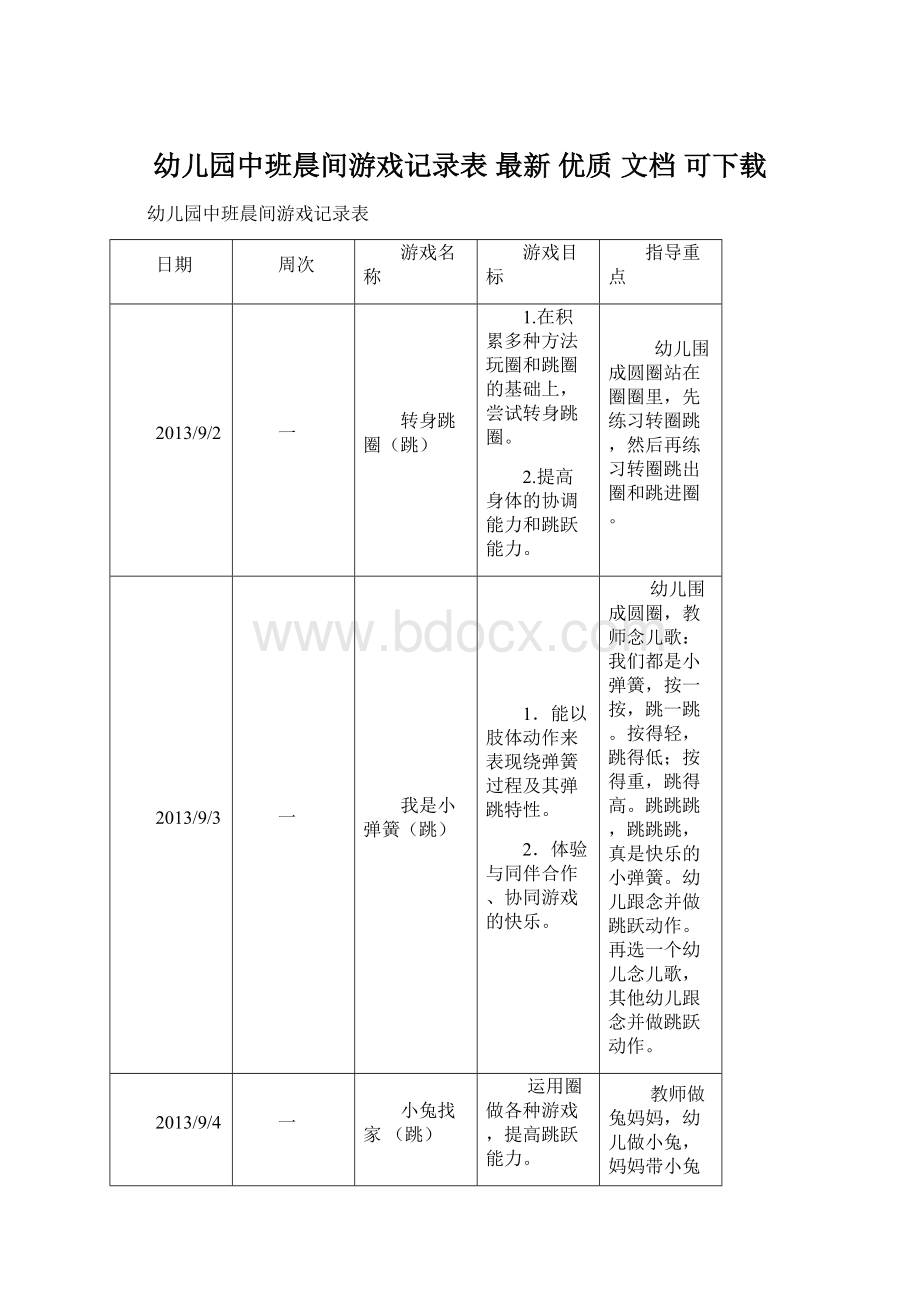 幼儿园中班晨间游戏记录表最新 优质 文档 可下载.docx_第1页