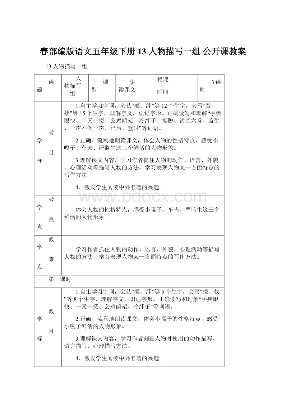 春部编版语文五年级下册 13 人物描写一组 公开课教案Word文档下载推荐.docx_第1页