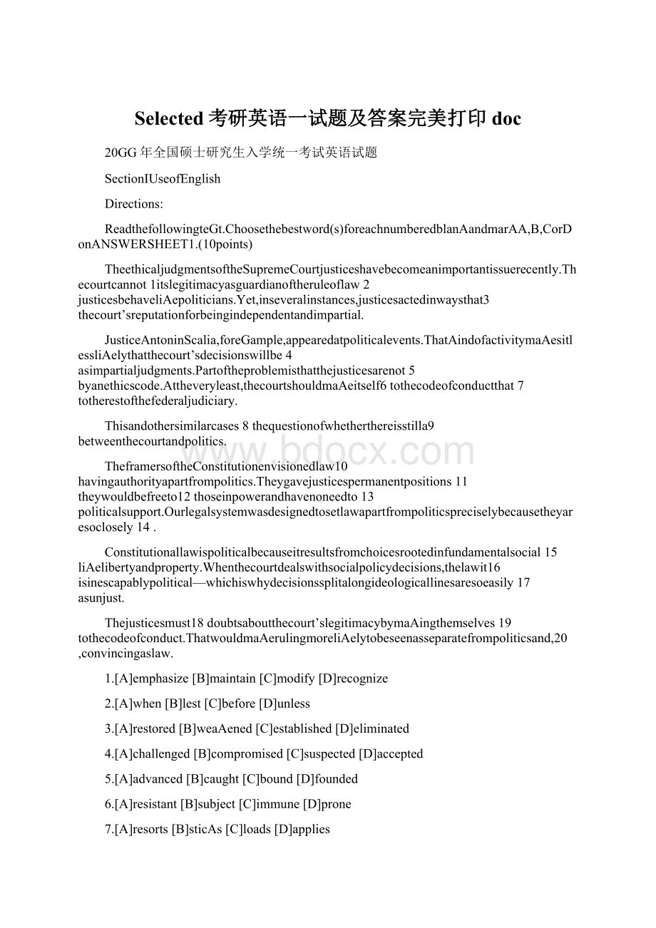 Selected考研英语一试题及答案完美打印docWord格式.docx_第1页