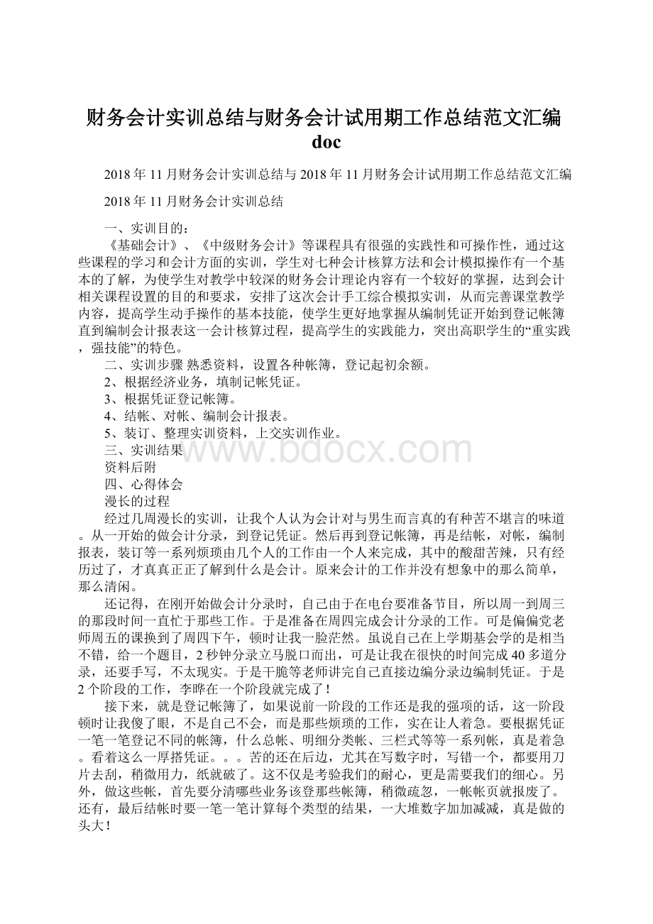 财务会计实训总结与财务会计试用期工作总结范文汇编doc.docx