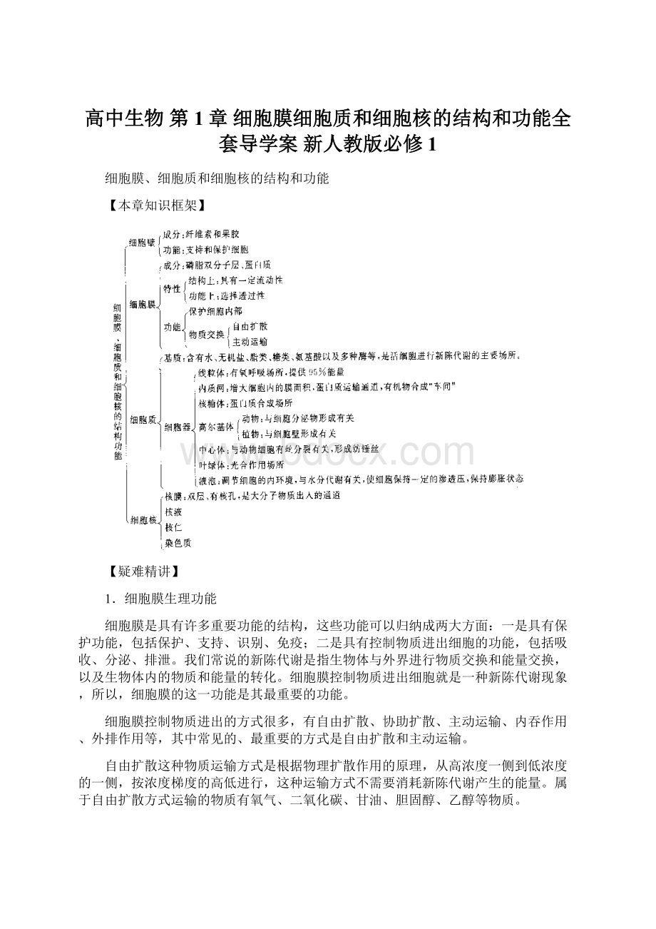 高中生物 第1章 细胞膜细胞质和细胞核的结构和功能全套导学案 新人教版必修1.docx