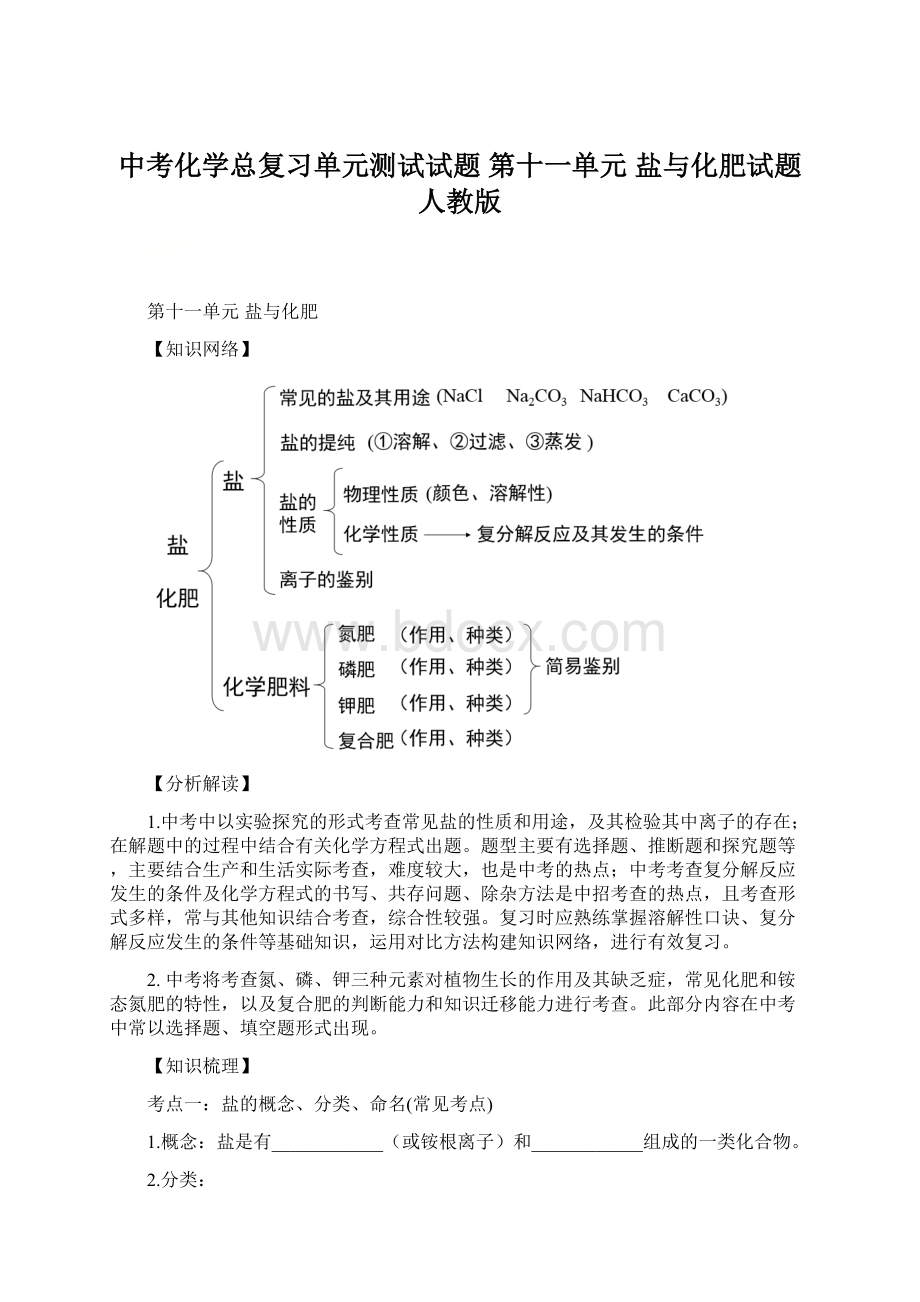 中考化学总复习单元测试试题 第十一单元 盐与化肥试题 人教版.docx