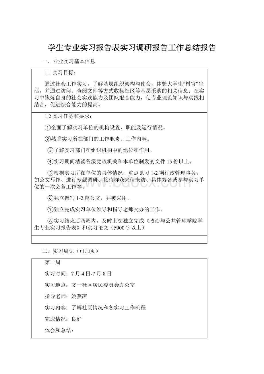 学生专业实习报告表实习调研报告工作总结报告Word文档下载推荐.docx