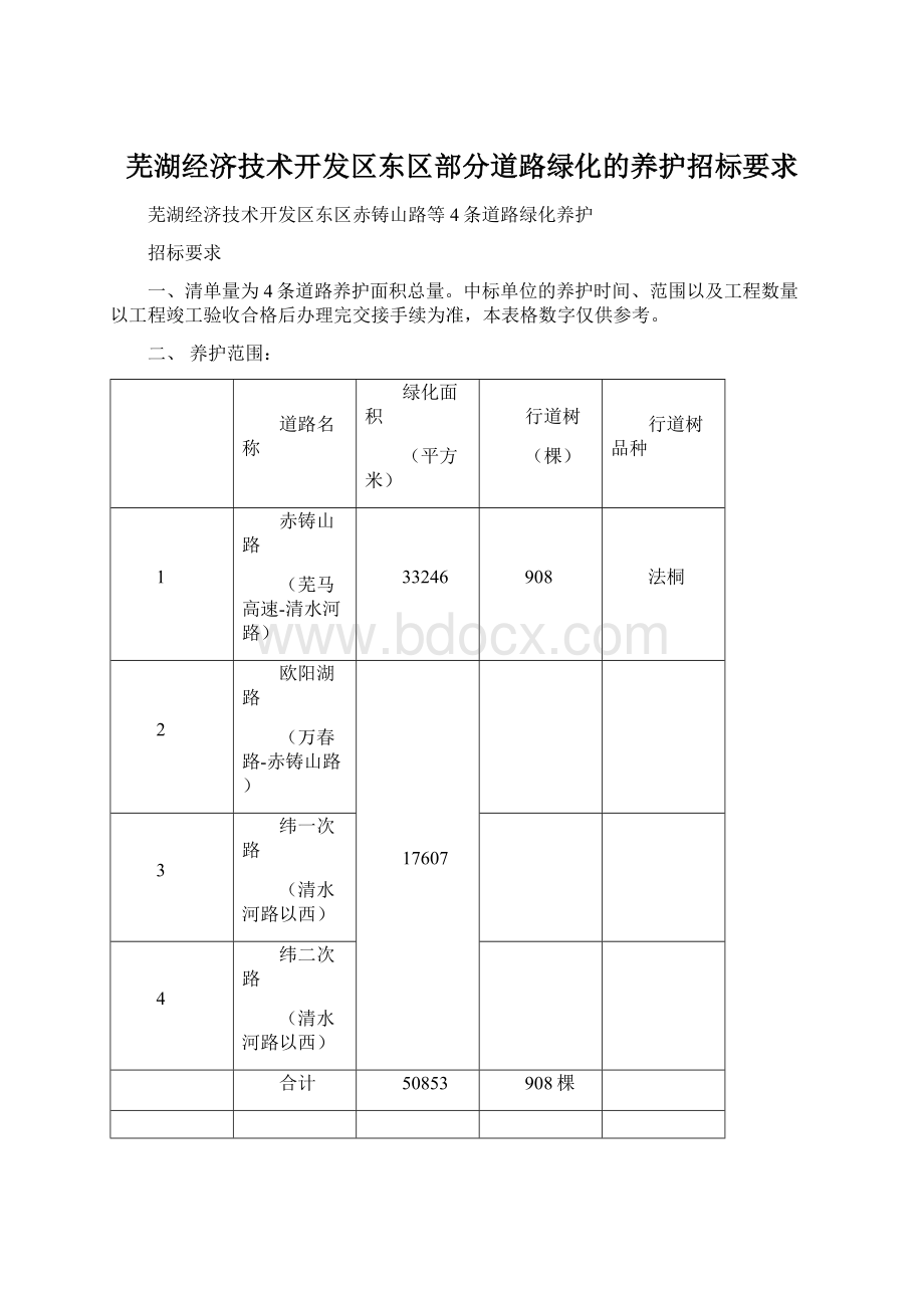 芜湖经济技术开发区东区部分道路绿化的养护招标要求Word文件下载.docx