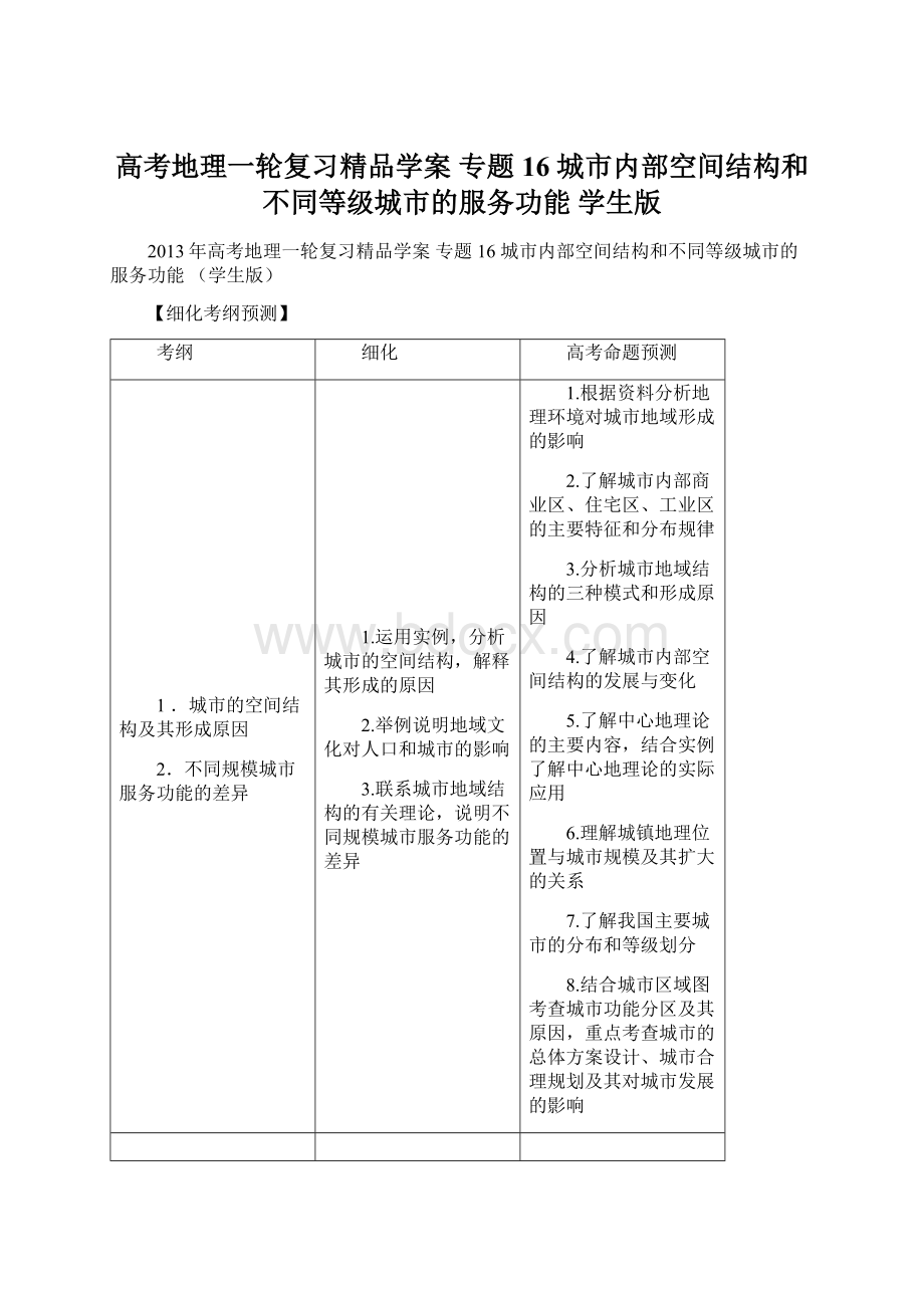 高考地理一轮复习精品学案 专题16 城市内部空间结构和不同等级城市的服务功能 学生版Word格式文档下载.docx