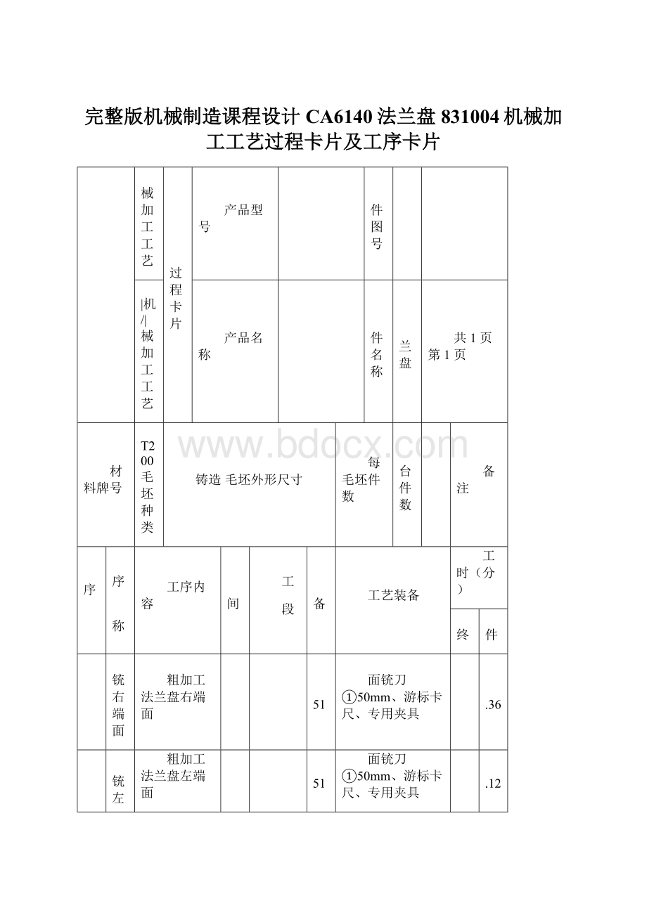 完整版机械制造课程设计CA6140法兰盘831004机械加工工艺过程卡片及工序卡片Word文件下载.docx