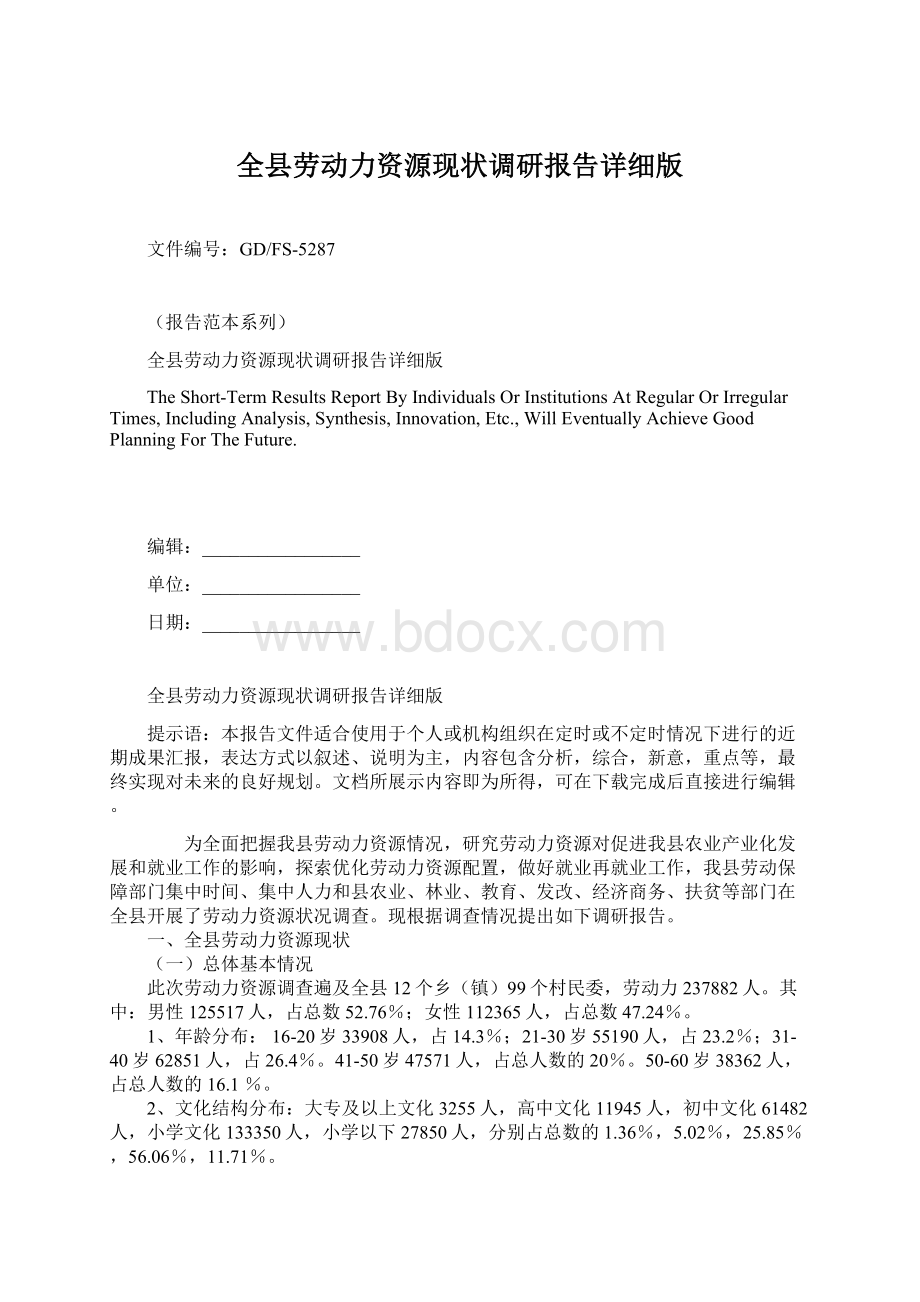 全县劳动力资源现状调研报告详细版Word格式.docx