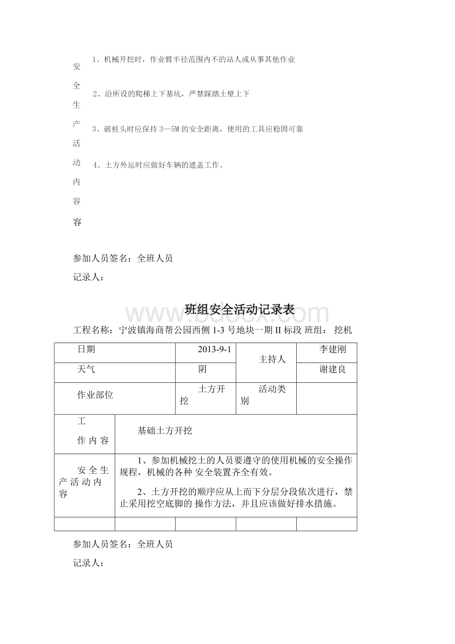 土方开挖班组安全活动记录表Word文件下载.docx_第2页