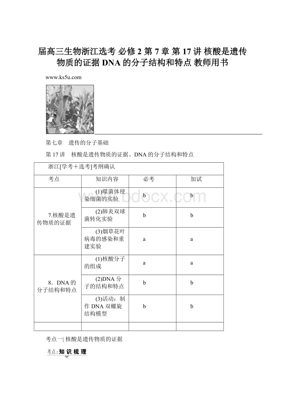 届高三生物浙江选考 必修2 第7章 第17讲 核酸是遗传物质的证据DNA的分子结构和特点 教师用书.docx_第1页