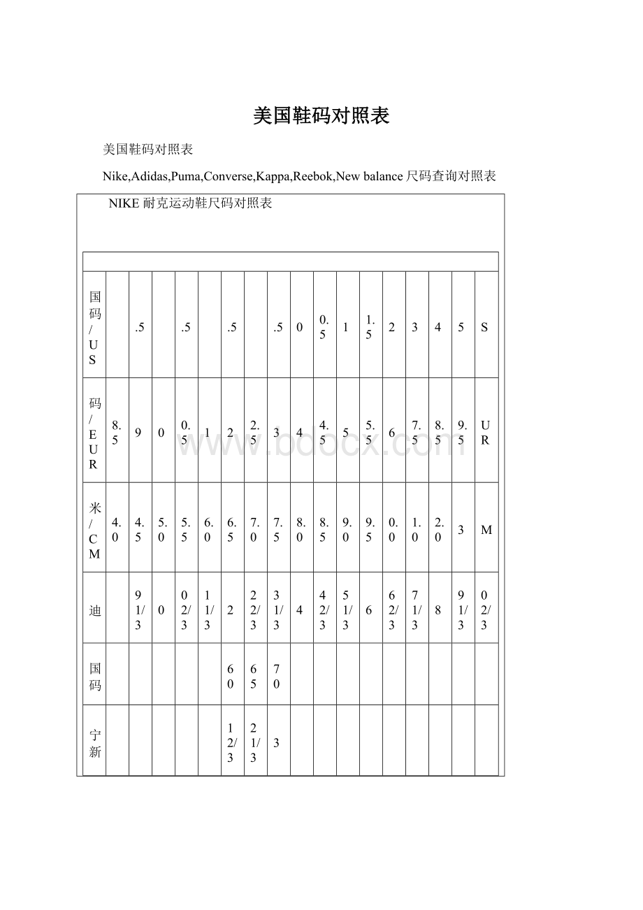 美国鞋码对照表Word文档下载推荐.docx