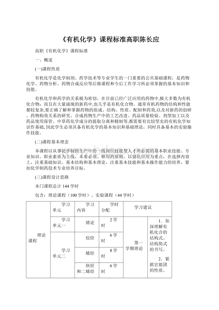 《有机化学》课程标准高职陈长应.docx_第1页