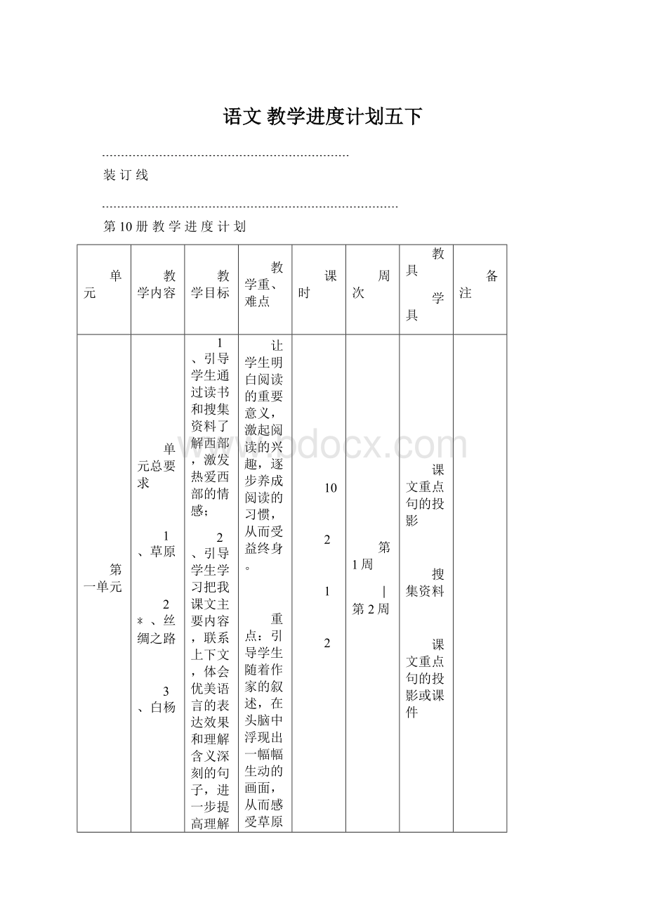 语文教学进度计划五下Word文档下载推荐.docx