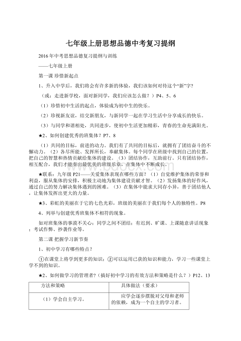 七年级上册思想品德中考复习提纲Word文件下载.docx