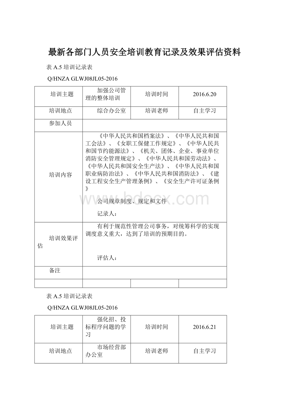 最新各部门人员安全培训教育记录及效果评估资料.docx_第1页