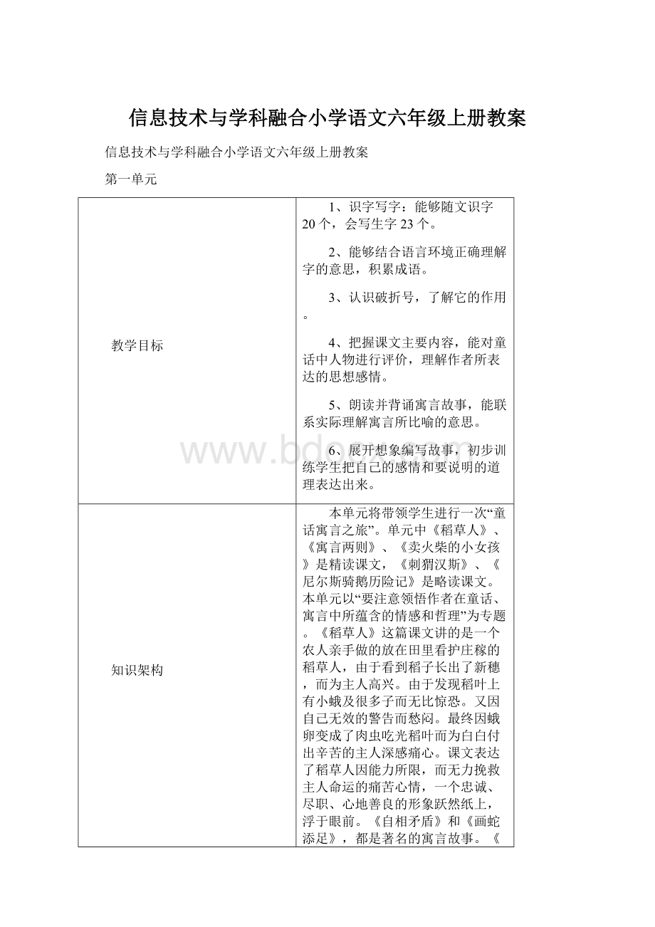 信息技术与学科融合小学语文六年级上册教案.docx_第1页