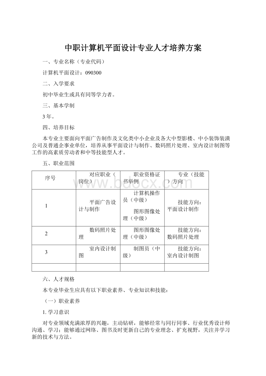 中职计算机平面设计专业人才培养方案.docx_第1页