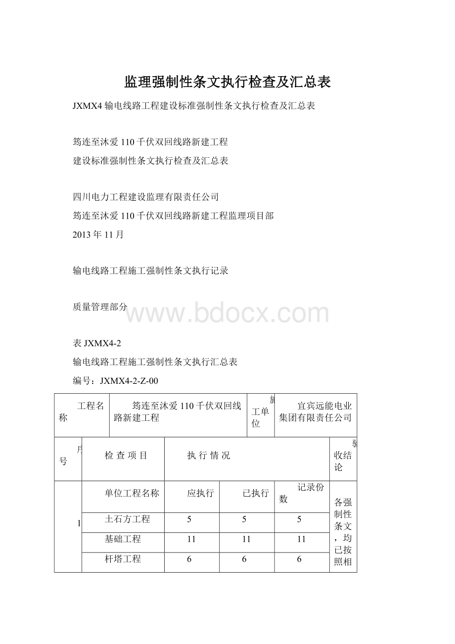 监理强制性条文执行检查及汇总表文档格式.docx