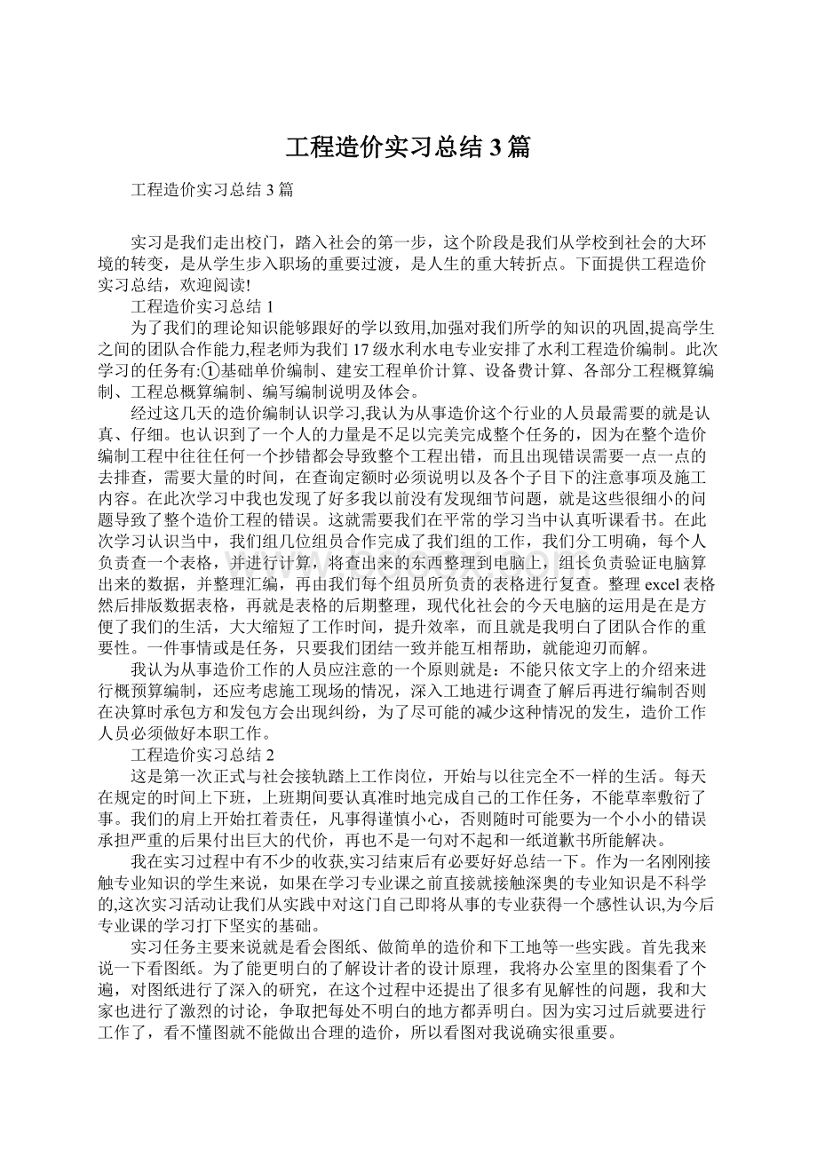 工程造价实习总结3篇文档格式.docx