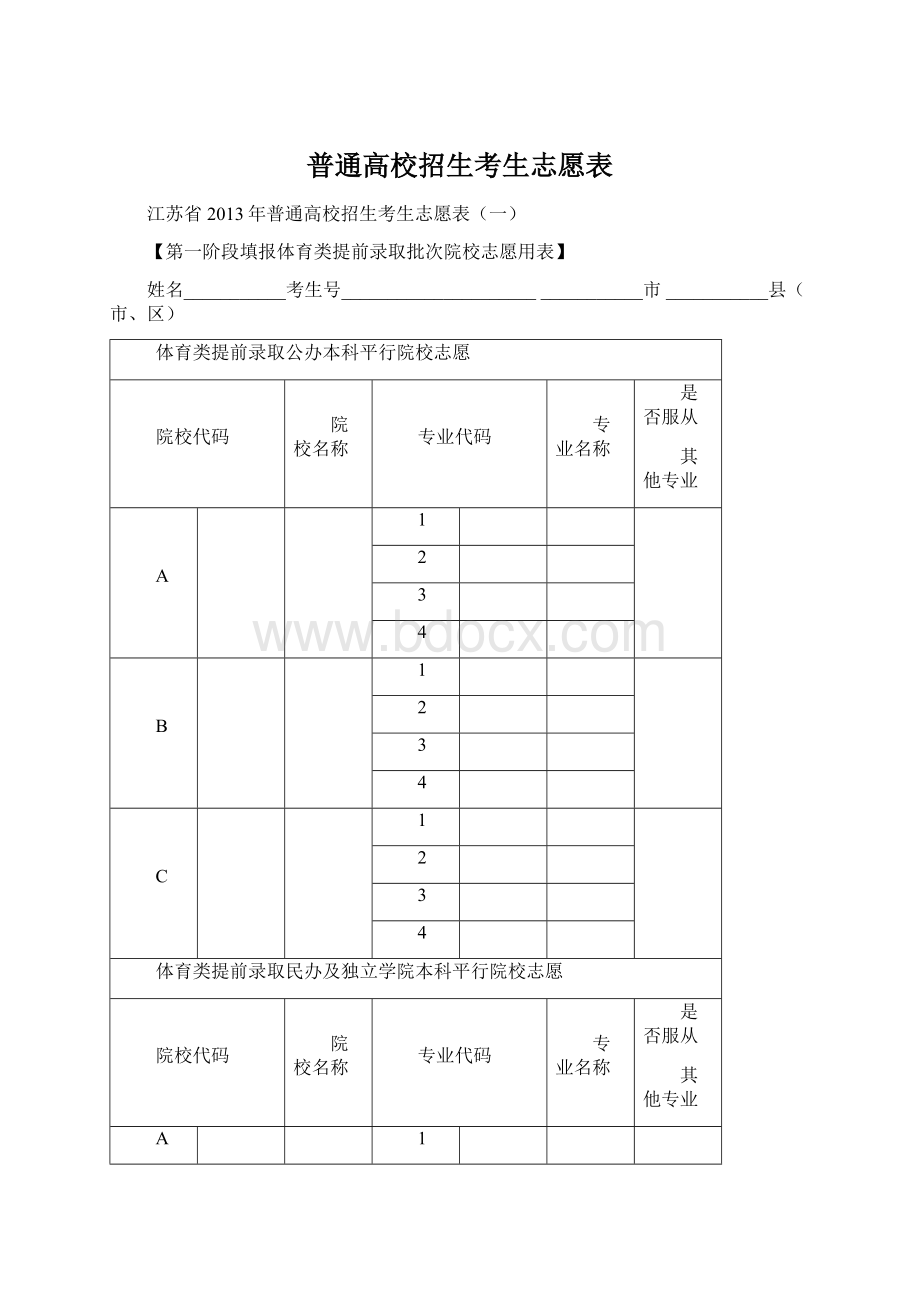 普通高校招生考生志愿表.docx_第1页