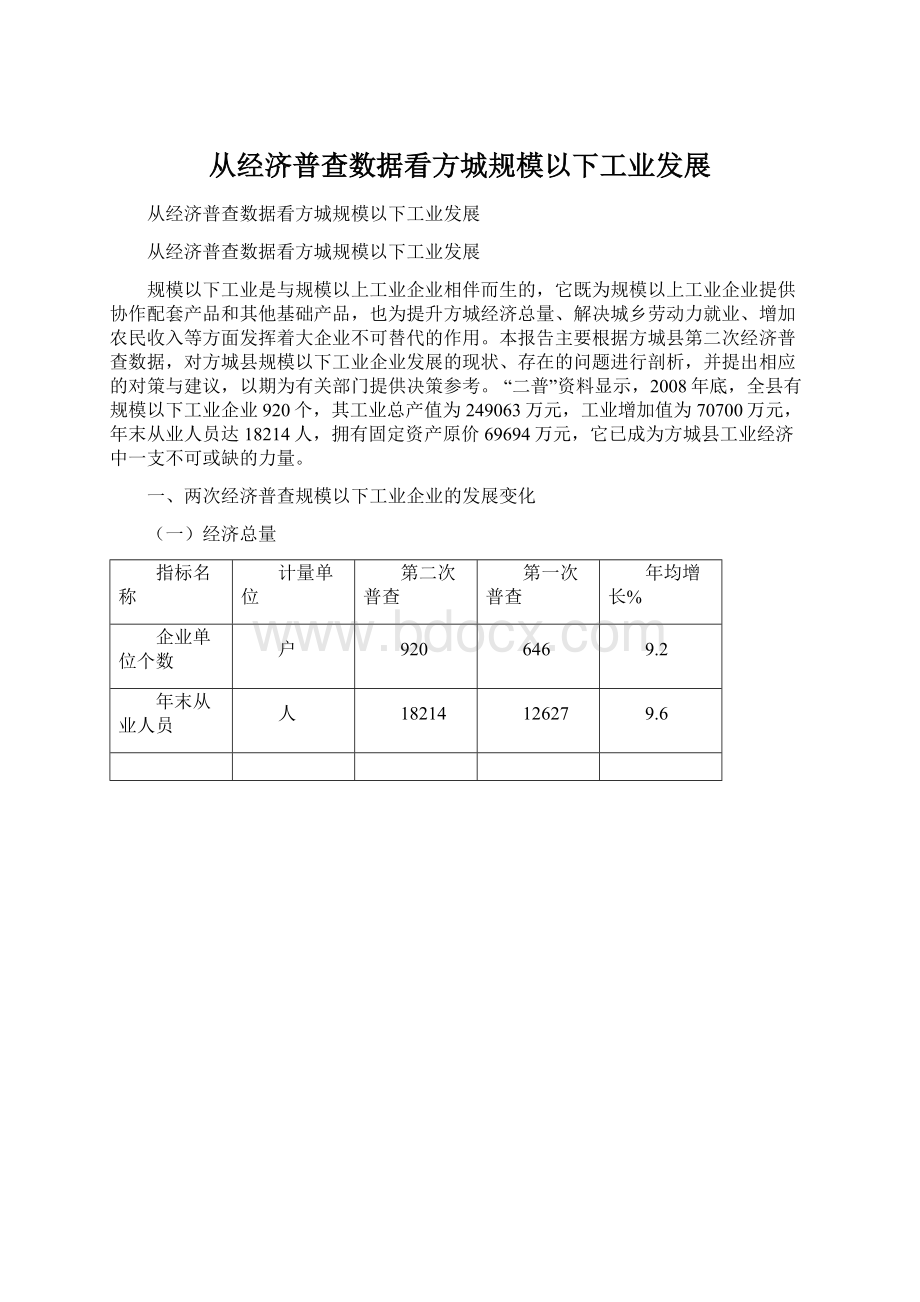 从经济普查数据看方城规模以下工业发展Word文件下载.docx