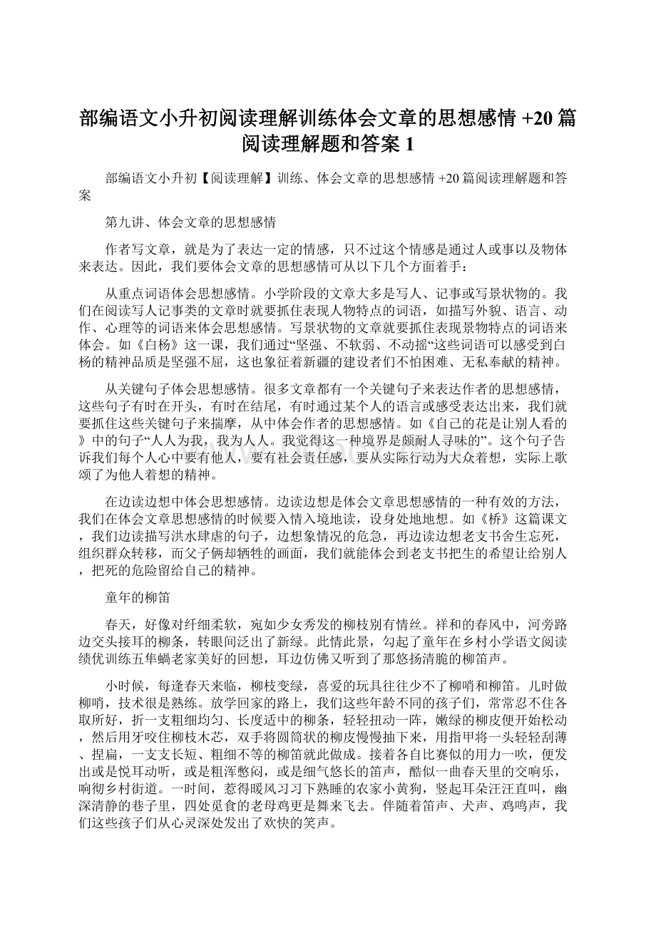 部编语文小升初阅读理解训练体会文章的思想感情 +20篇阅读理解题和答案1Word下载.docx