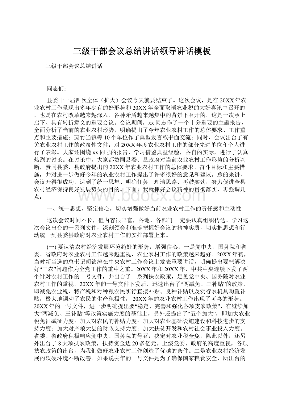 三级干部会议总结讲话领导讲话模板Word文件下载.docx