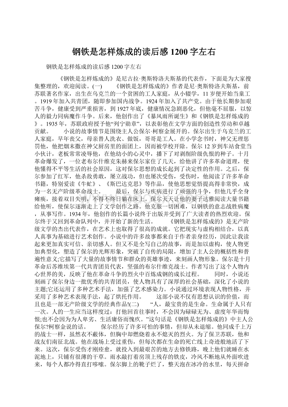 钢铁是怎样炼成的读后感1200字左右Word格式文档下载.docx