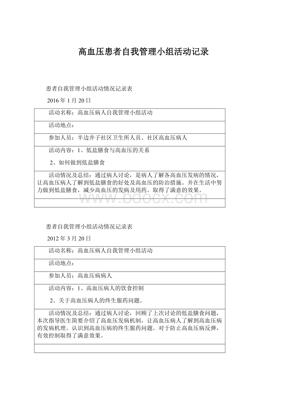 高血压患者自我管理小组活动记录Word文档格式.docx