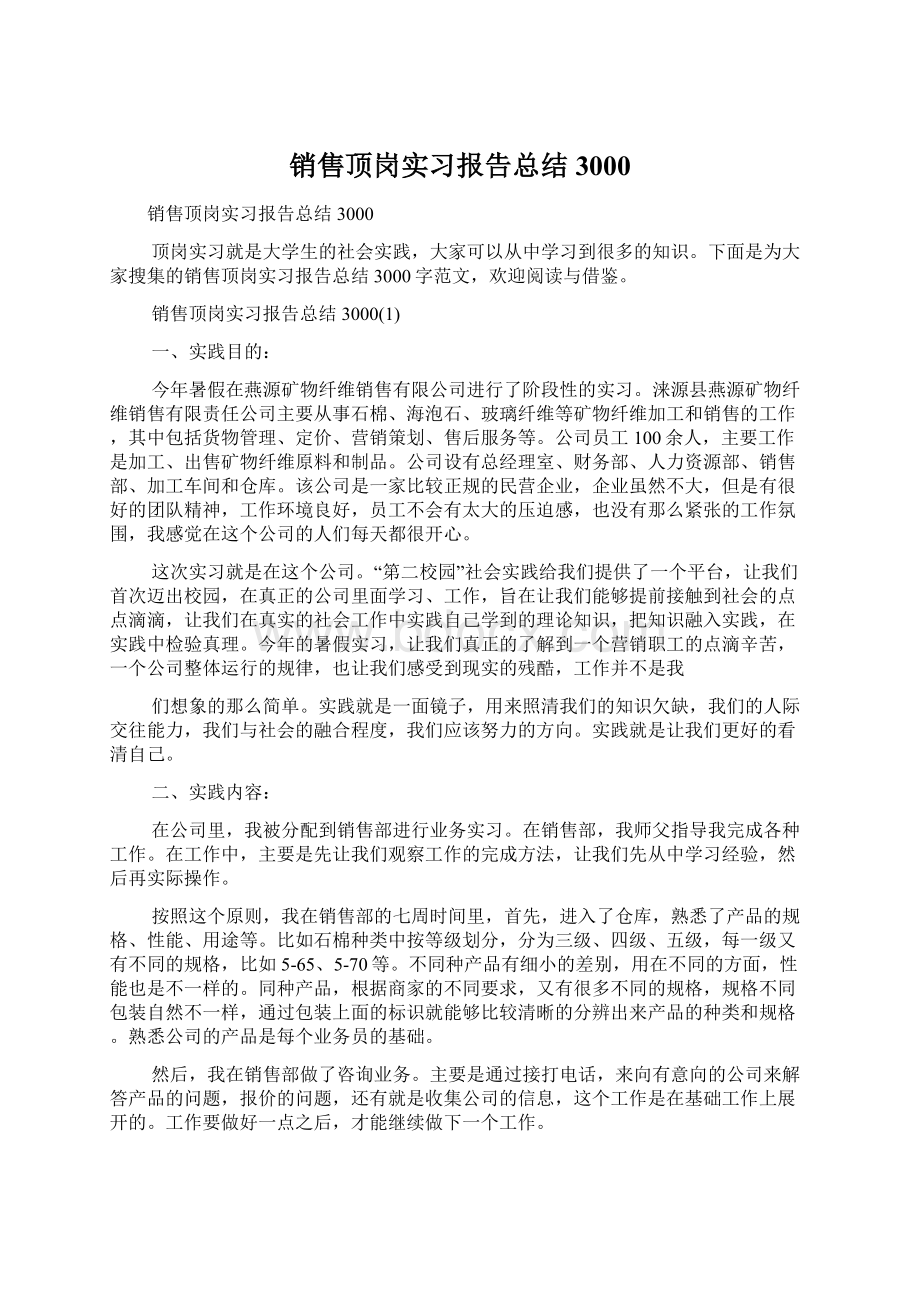 销售顶岗实习报告总结3000Word文档下载推荐.docx