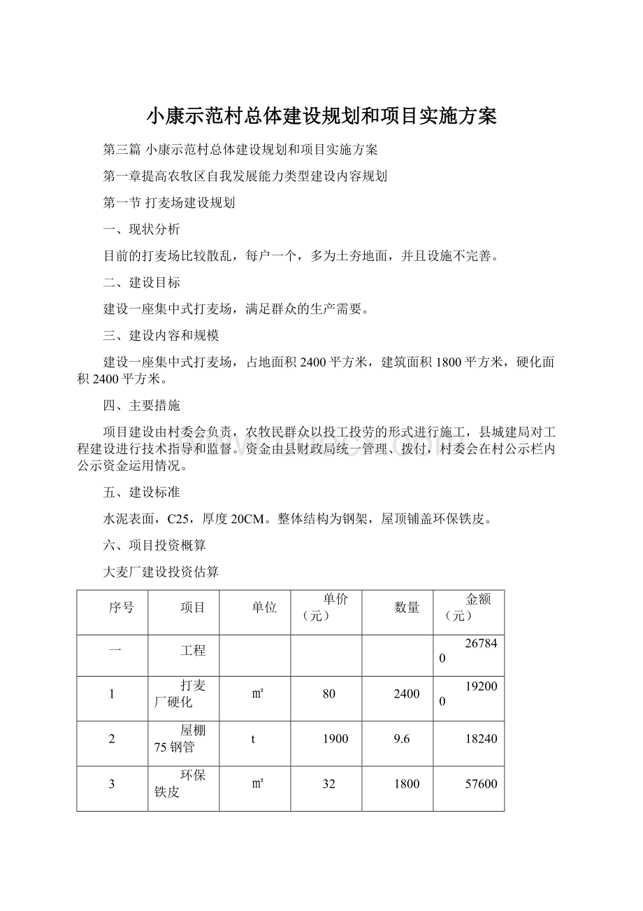 小康示范村总体建设规划和项目实施方案文档格式.docx