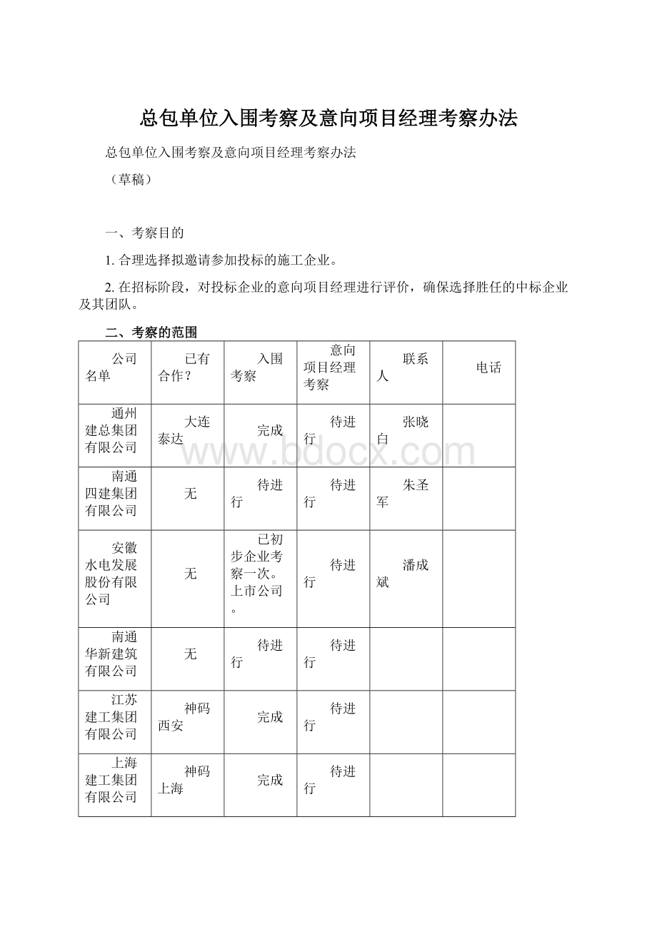 总包单位入围考察及意向项目经理考察办法Word文档下载推荐.docx_第1页