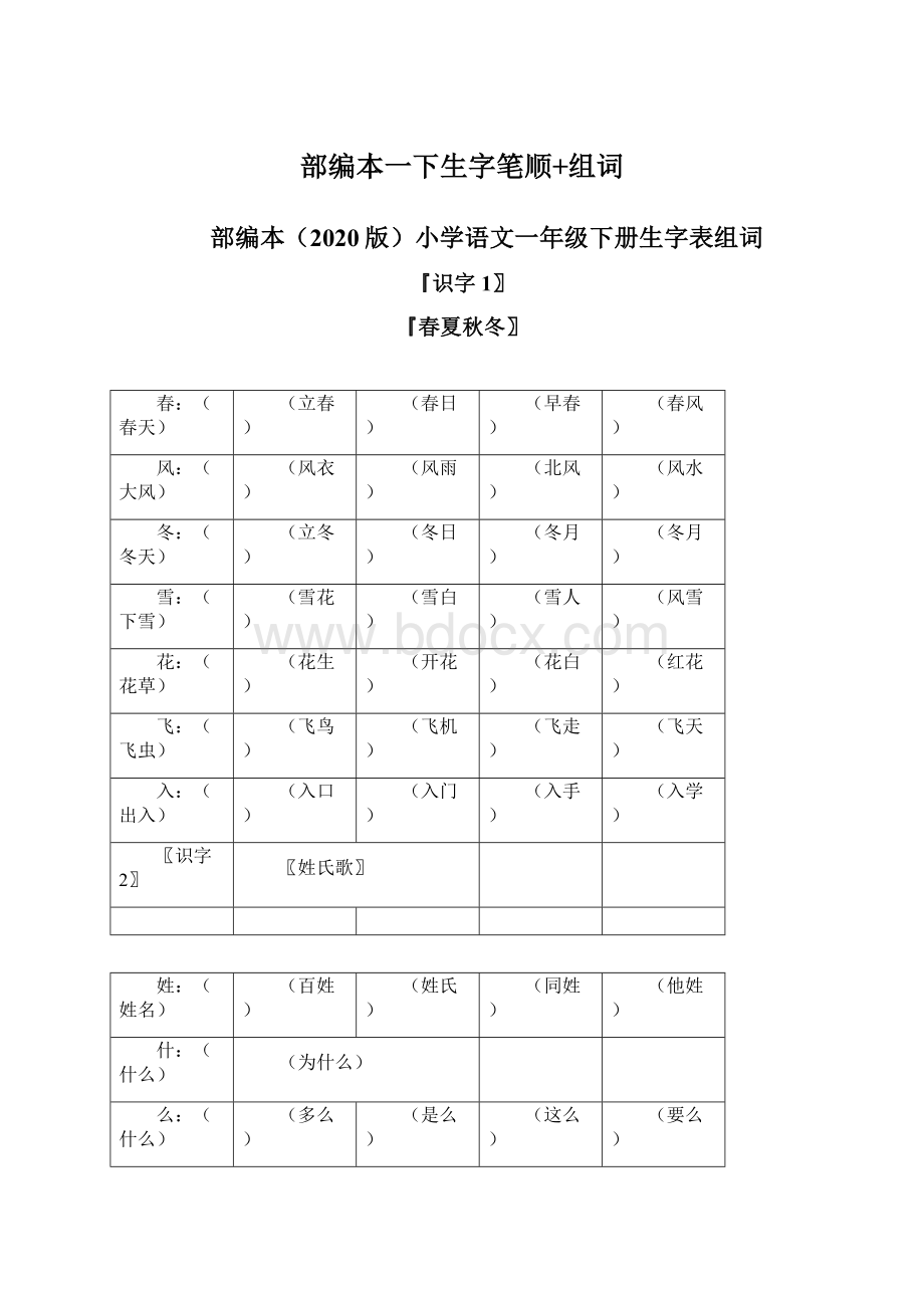 部编本一下生字笔顺+组词文档格式.docx