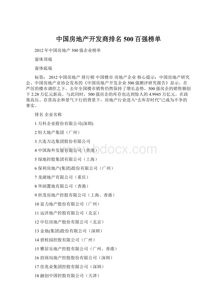 中国房地产开发商排名500百强榜单Word下载.docx