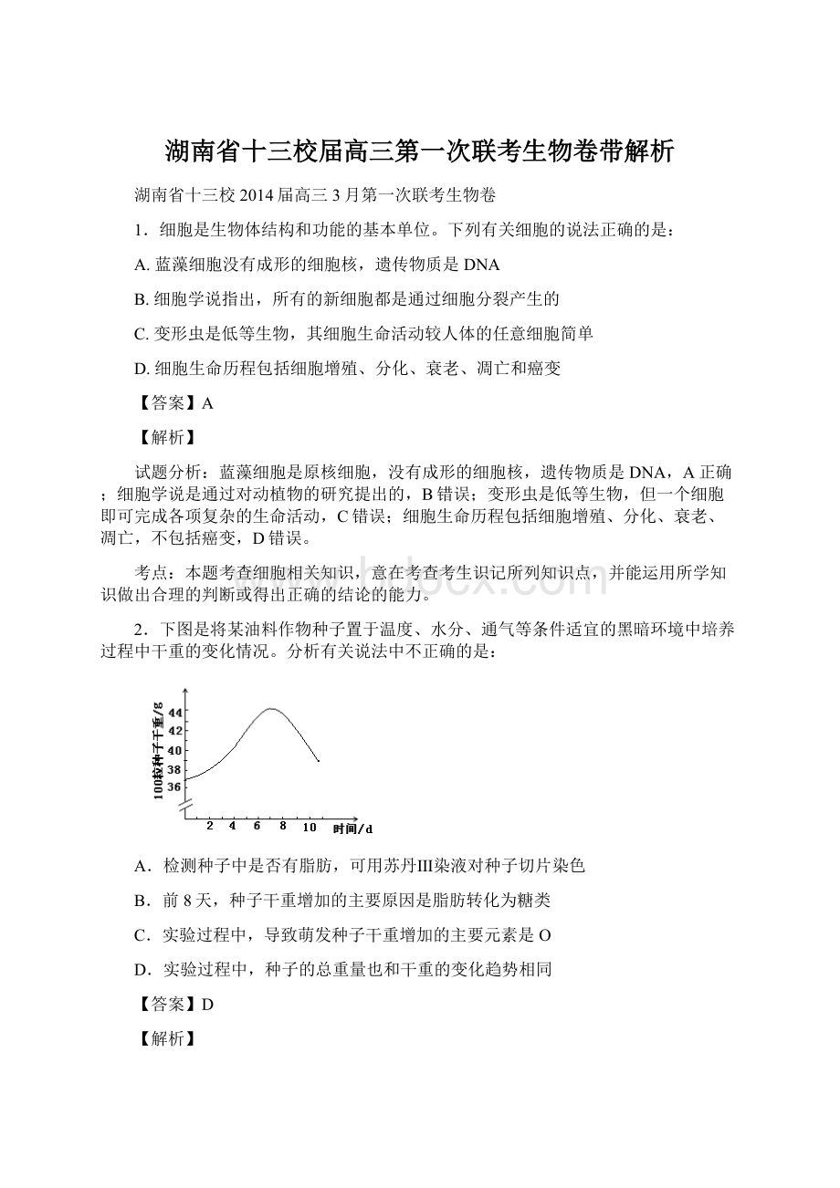 湖南省十三校届高三第一次联考生物卷带解析.docx_第1页