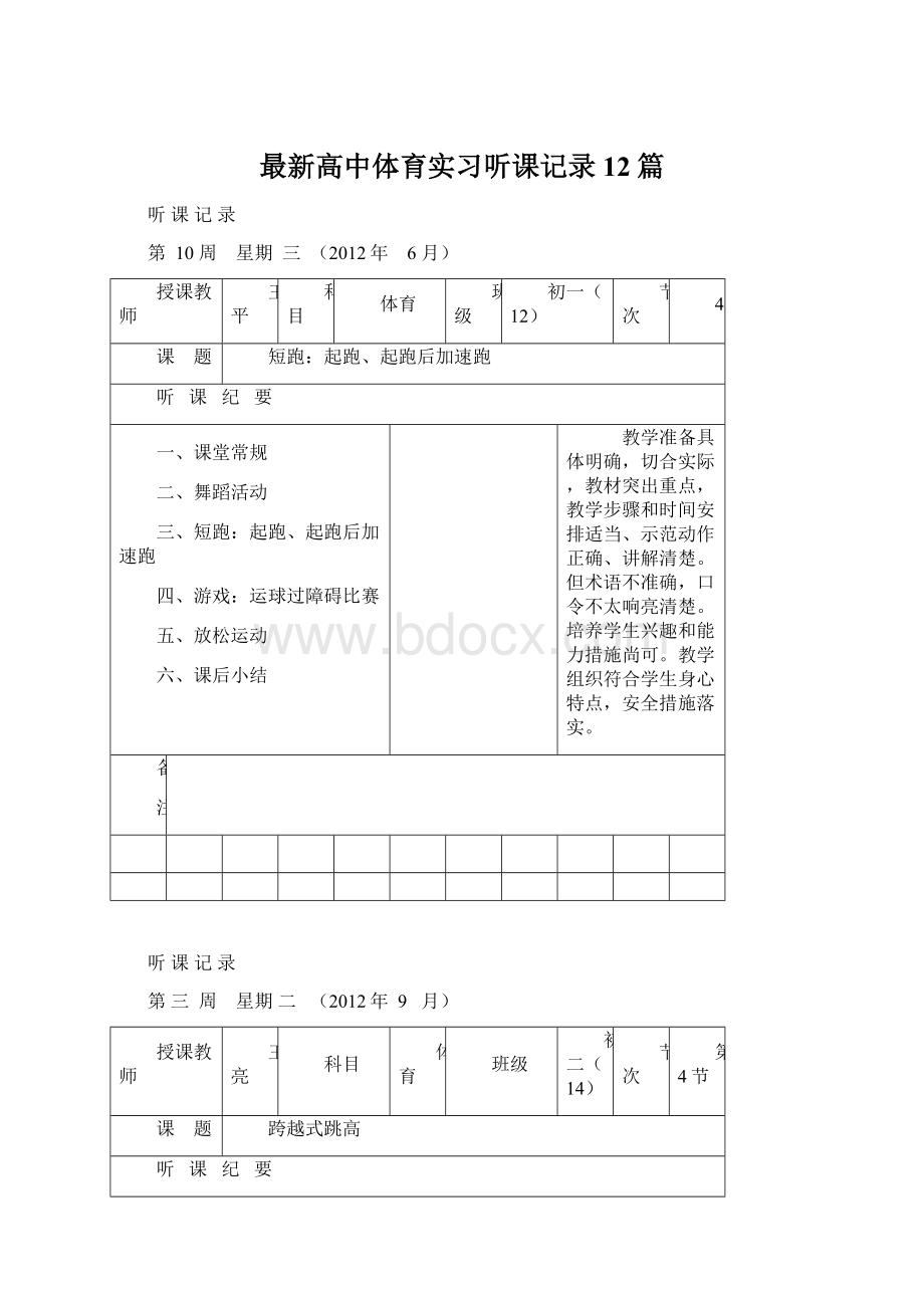 最新高中体育实习听课记录12篇Word文档下载推荐.docx