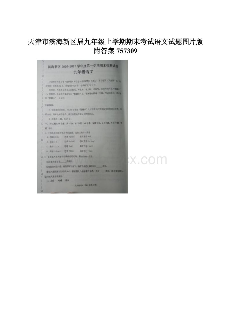 天津市滨海新区届九年级上学期期末考试语文试题图片版附答案757309.docx_第1页